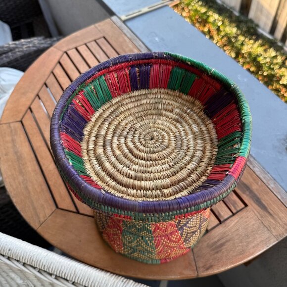 Handwoven African Basket With Lid - Multicolor Red/Green/Purple - Natural Grass - Picture 4 of 7